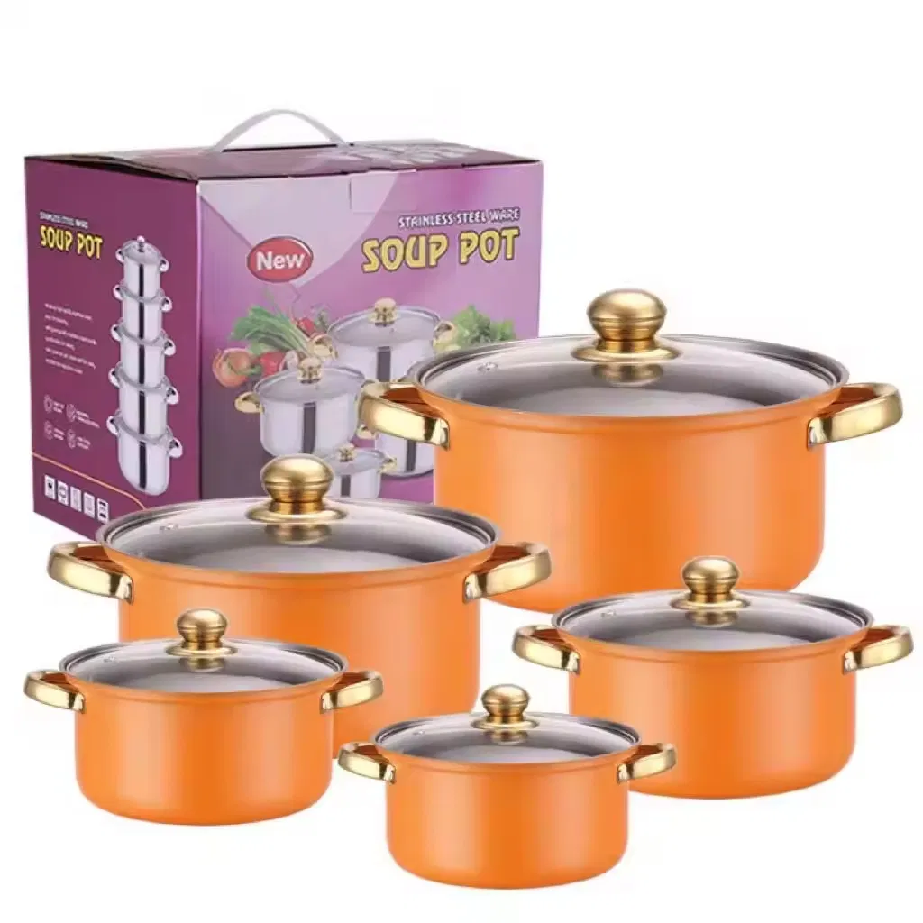 10-Piece Stainless Steel Kitchen Cookware Set Gold Handles Includes Soup Pot Cooking Pot Milk Casserole Durable Metal Pots Pans