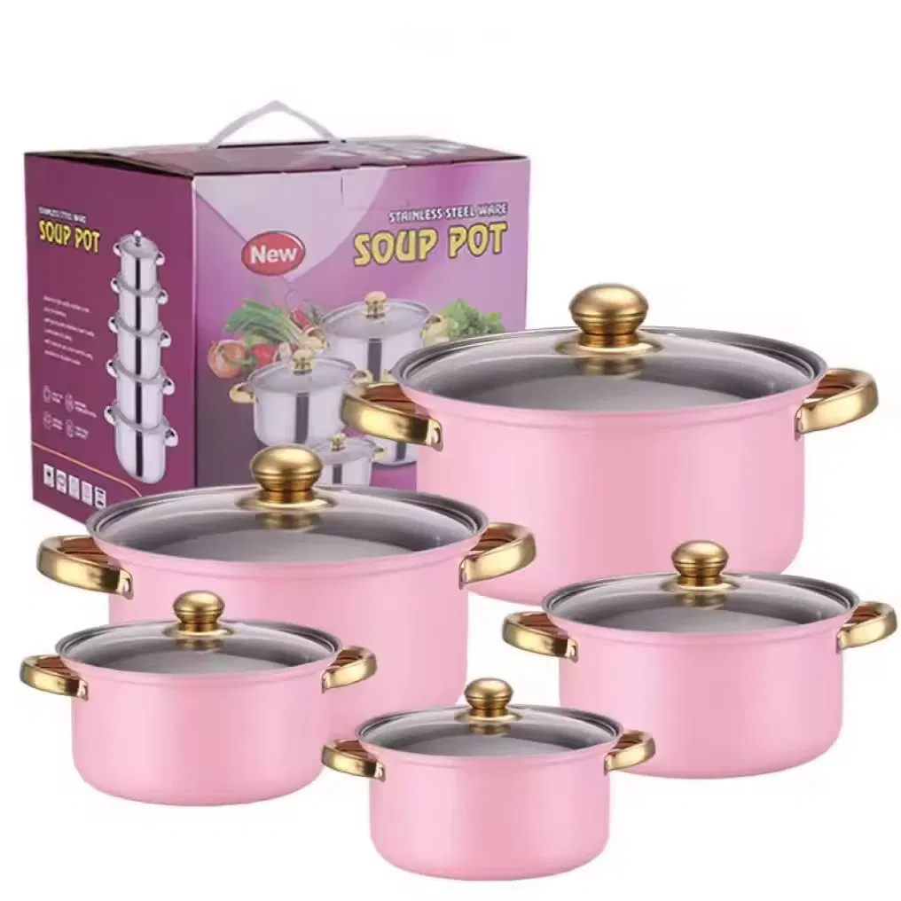 10-Piece Stainless Steel Kitchen Cookware Set Gold Handles Includes Soup Pot Cooking Pot Milk Casserole Durable Metal Pots Pans