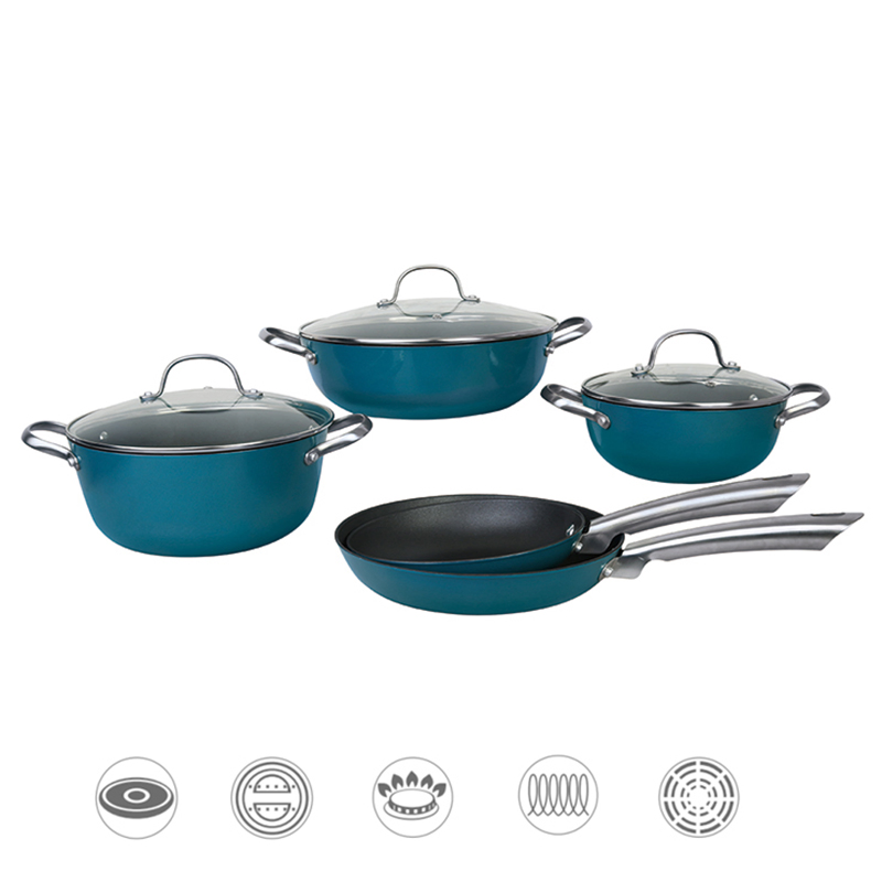 8PCS New Design Home Kitchen Enamel Coated Cast Iron Non Stick Cooking Pots and Pans Lightweight Cast Iron Cookware Set with Glass Lid Stainless Steel Handle