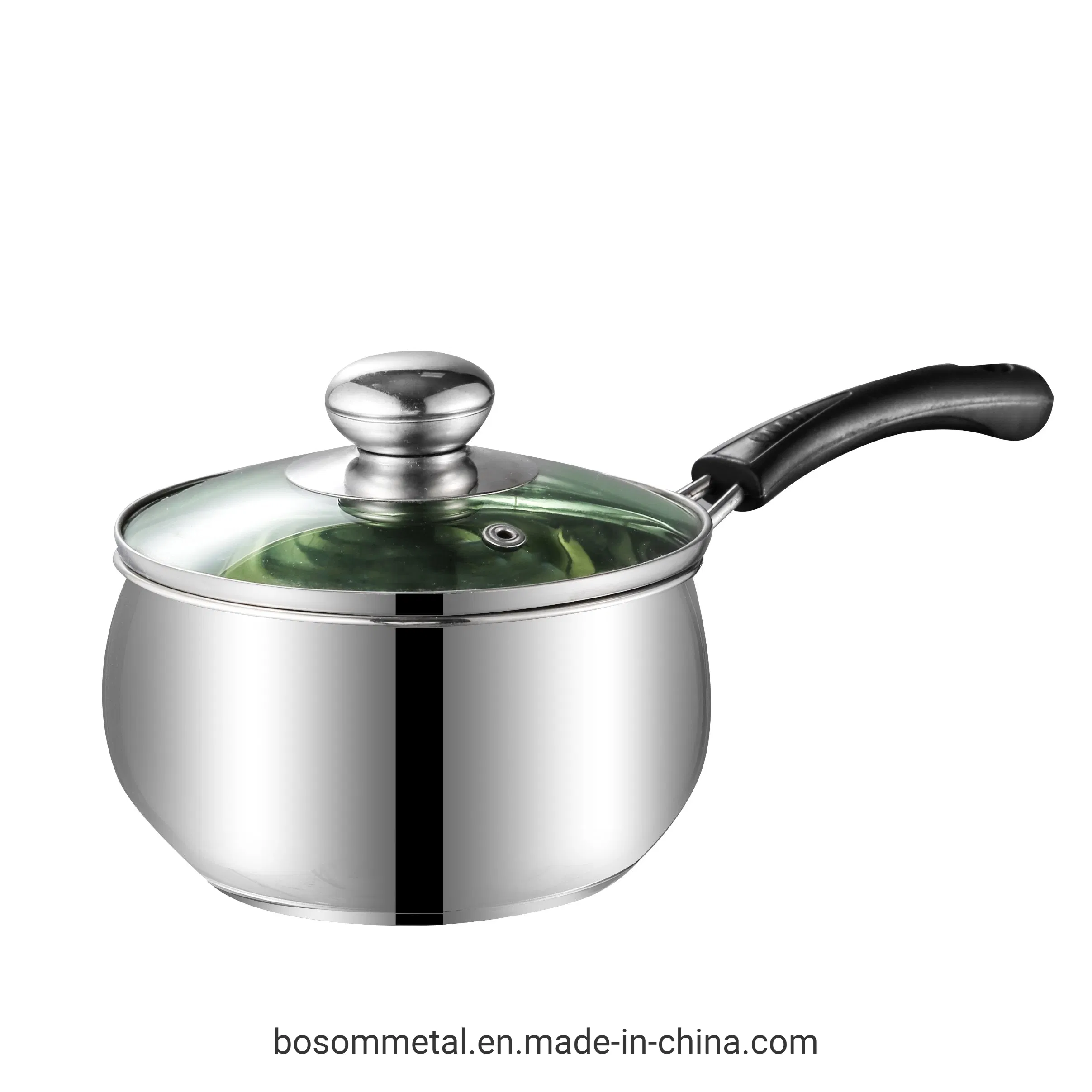 Stainless Steel Milk Boiling Pot Saucepan with Long Bakelite Handle with Green Glass Lid