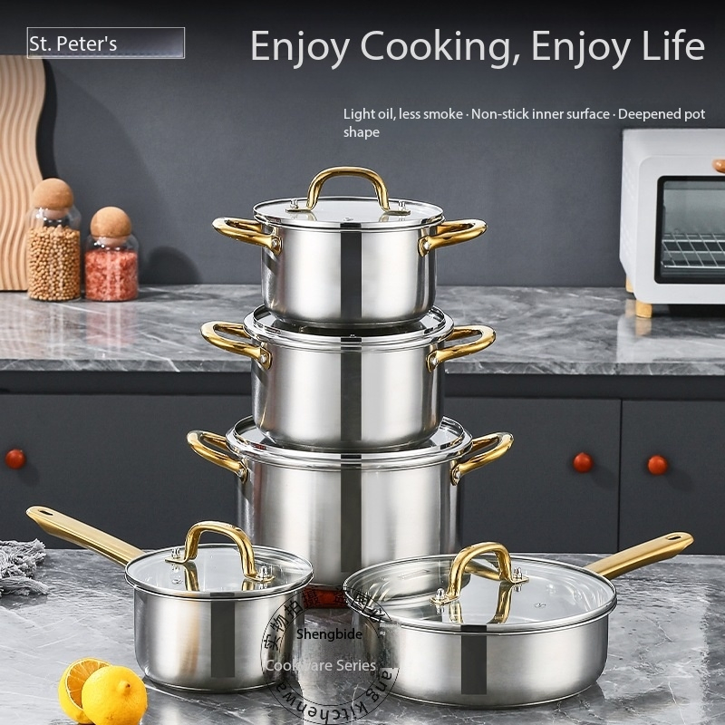 New Stainless Steel Golden Handle Thickened 10-Piece Cookware Set Cooking Pot