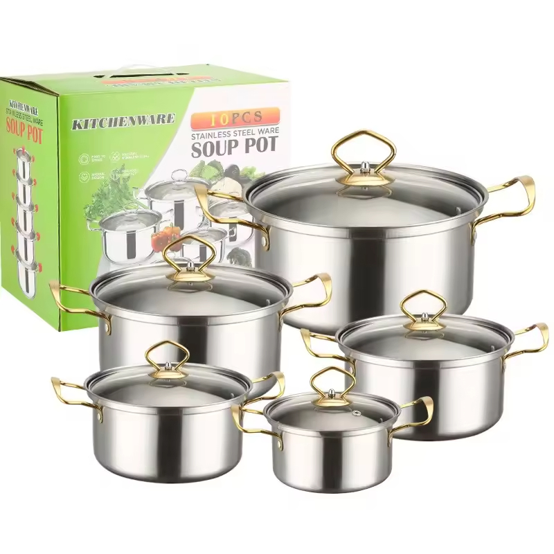 Factory 10 PCS Saucepan Induction Cookware Stainless Steel Heavy Duty Cooking Pots Sets