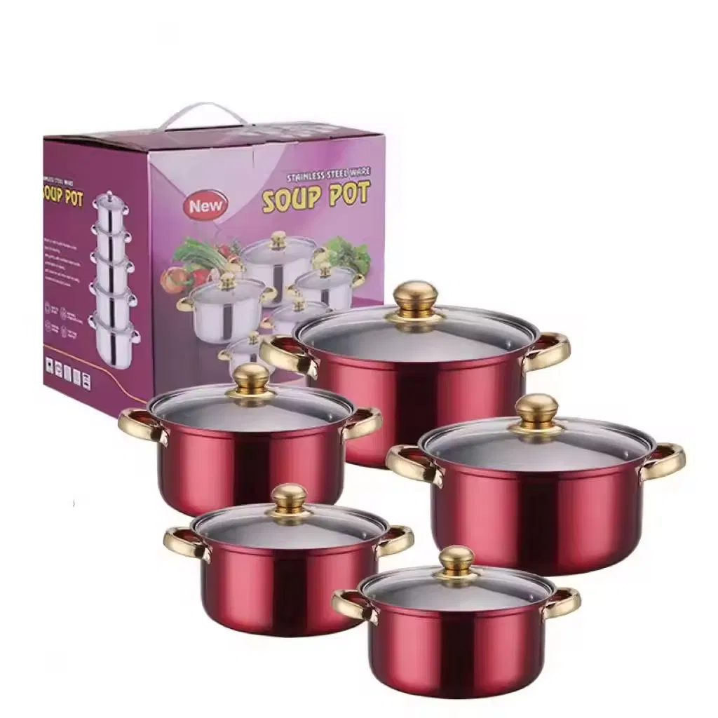 10-Piece Stainless Steel Kitchen Cookware Set Gold Handles Includes Soup Pot Cooking Pot Milk Casserole Durable Metal Pots Pans