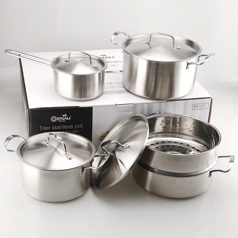Factory Custom Kitchen Tri-Ply Stainless Steel Soup Steamer Pot Set Glass Lid Cooking Pot Set Cookware Sets