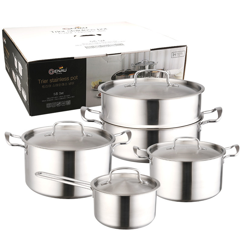 Factory Custom Kitchen Tri-Ply Stainless Steel Soup Steamer Pot Set Glass Lid Cooking Pot Set Cookware Sets