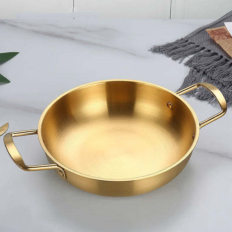 Seadfood Paella Pans Golden Cooking Non Stick Stainless Steel Double Ear Korean Handle Pot Frying Pan