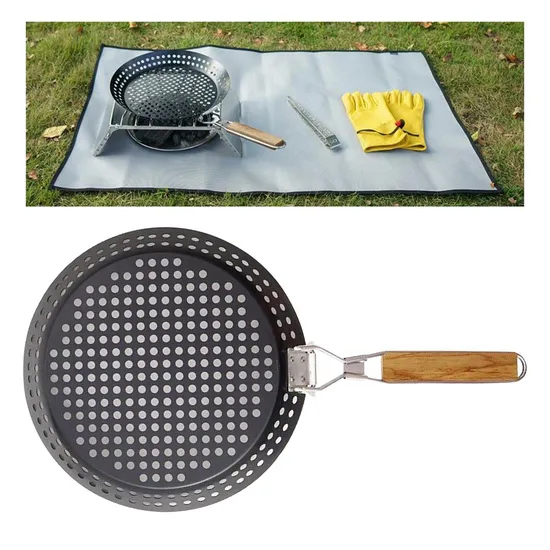 Non-Stick Griddles with Holes Folding Wooden Handle Grill Barbecue Pan Picnic Camping Fry Pan W17_22