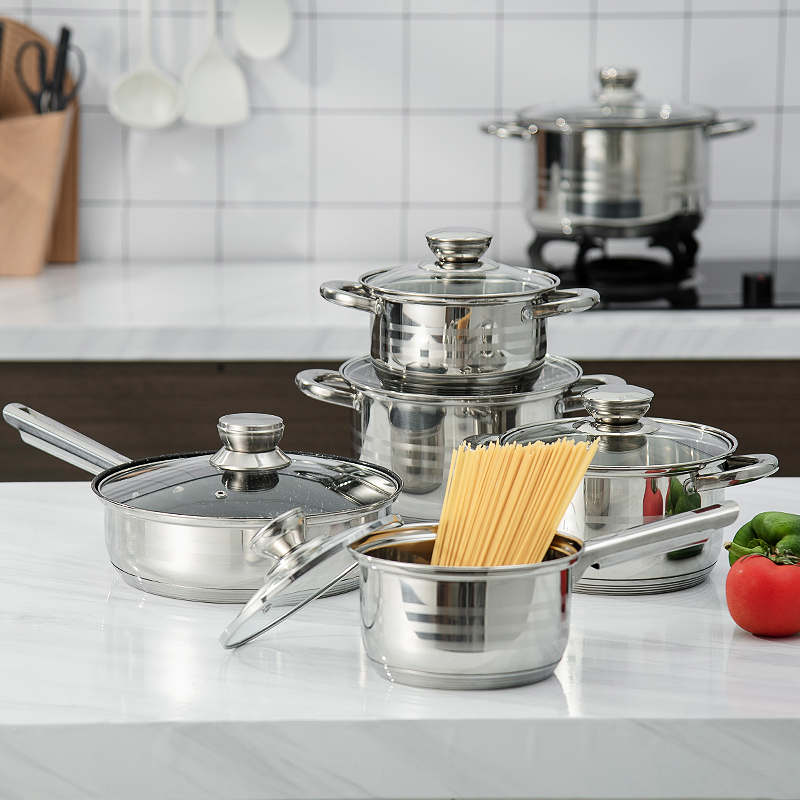 12PCS Induction Bottom Casserole with Whistling Kettle Cooking Pot Set Stainless Steel Cookware Set with Glass Lids