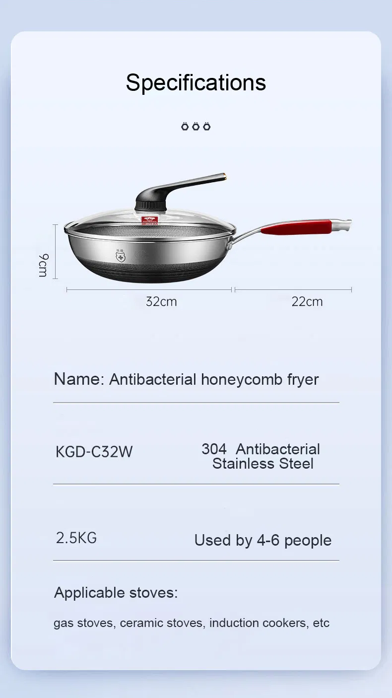 Honeycomb Fry Pot Non-Stick Pot Antibacterial Stainless Steel Stir Chinese Cooking Wok