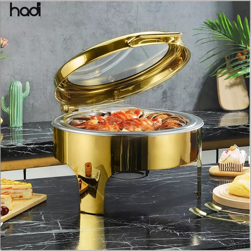 Gold 6L Stainless Steel Commercial Chafing Dish Buffet Set Chafters Chafing Dish Buffet in Gold Round Roll Top Chafing Dish