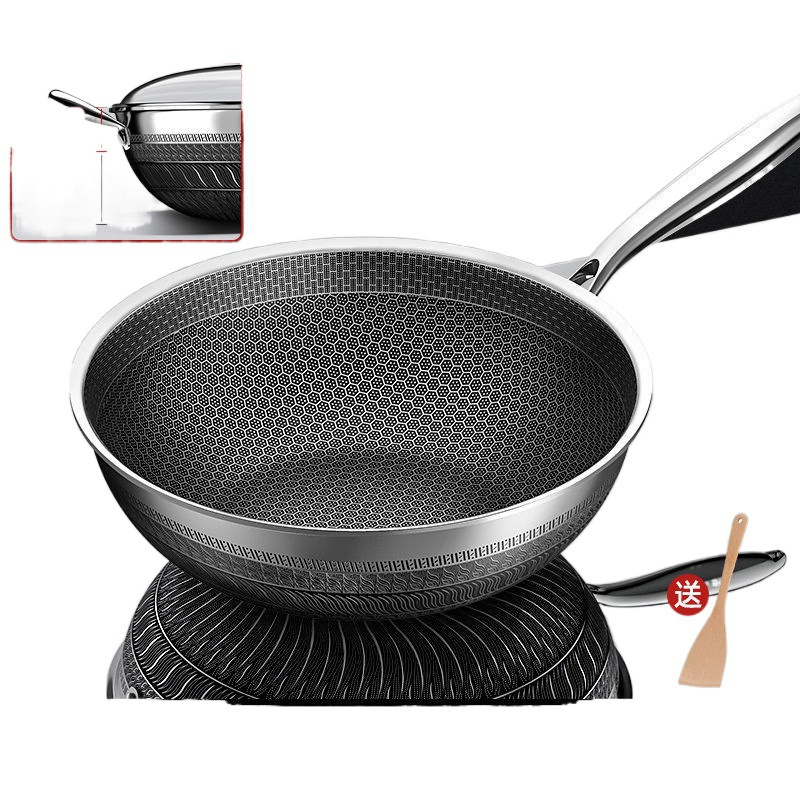 Stainless Steel Wok - Honeycomb Non-Stick Coating-Free Frying Pan, Thickened Smoke-Reduced Design with Gift Packaging for Wholesale