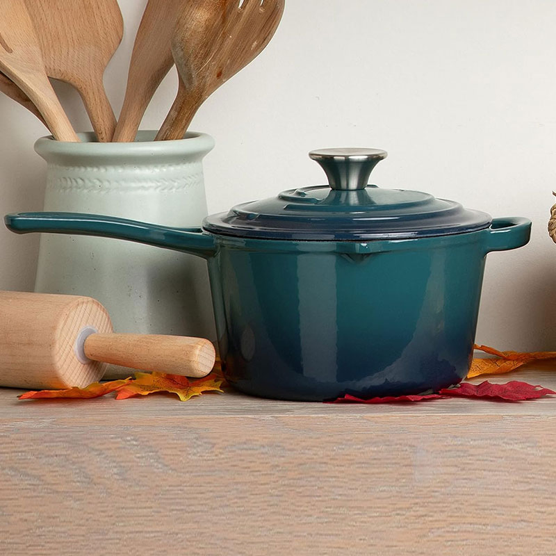 Cast Iron Saucepan with Helper Handle Milk Pot 2qt Small Sauce Pan with Stainless Steel Knob for Frying Roasting Baking Cookware