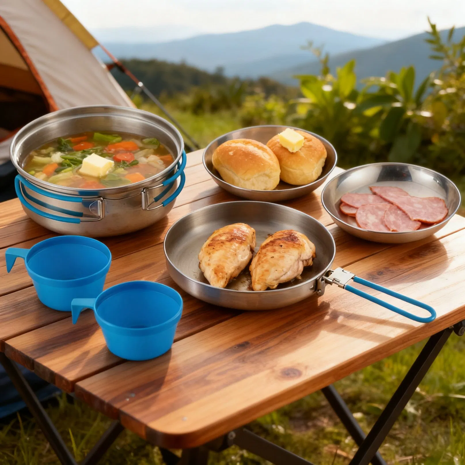 Lightweight 6-PCS Hiking Kitchen Set Stainless Steel Cookware for Two, Bulk Available