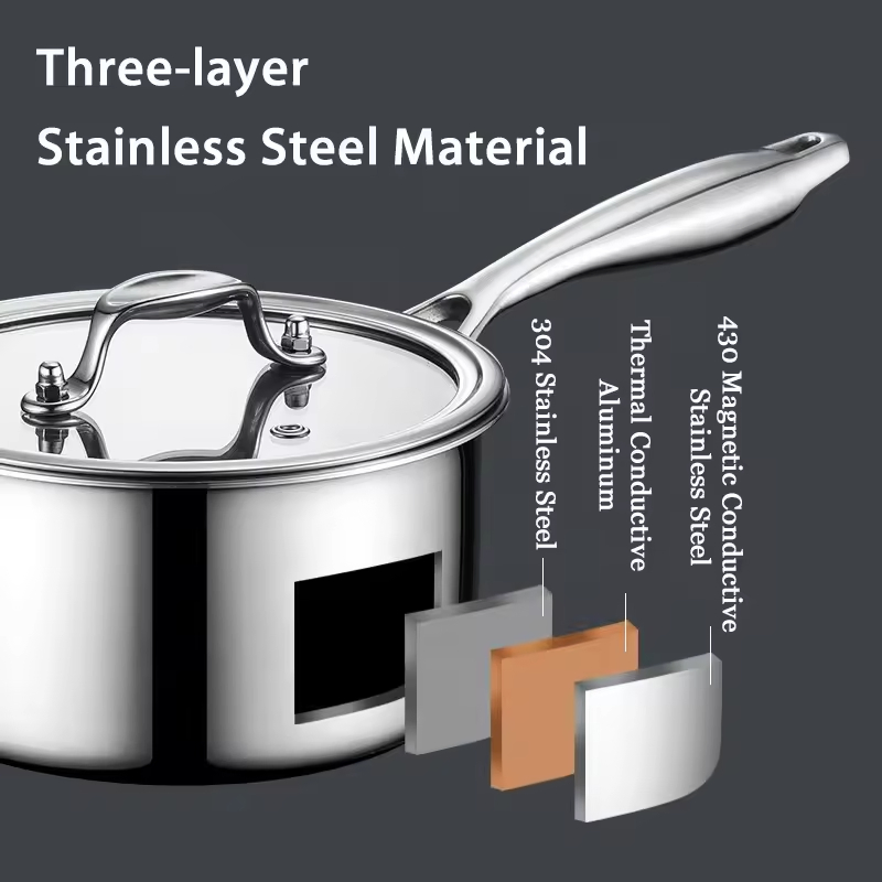 Direct Sale Tri-Ply 304 Stainless Steel Sauce Pan Kitchen Non Stick Mini Milk Pan with Cover