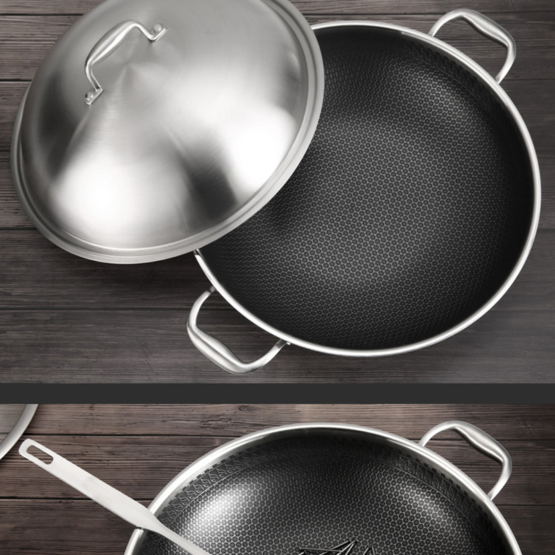 40/42cm Dual Ear Stainless Steel Wok Non Stick Stir Fry Honeycomb Cookware