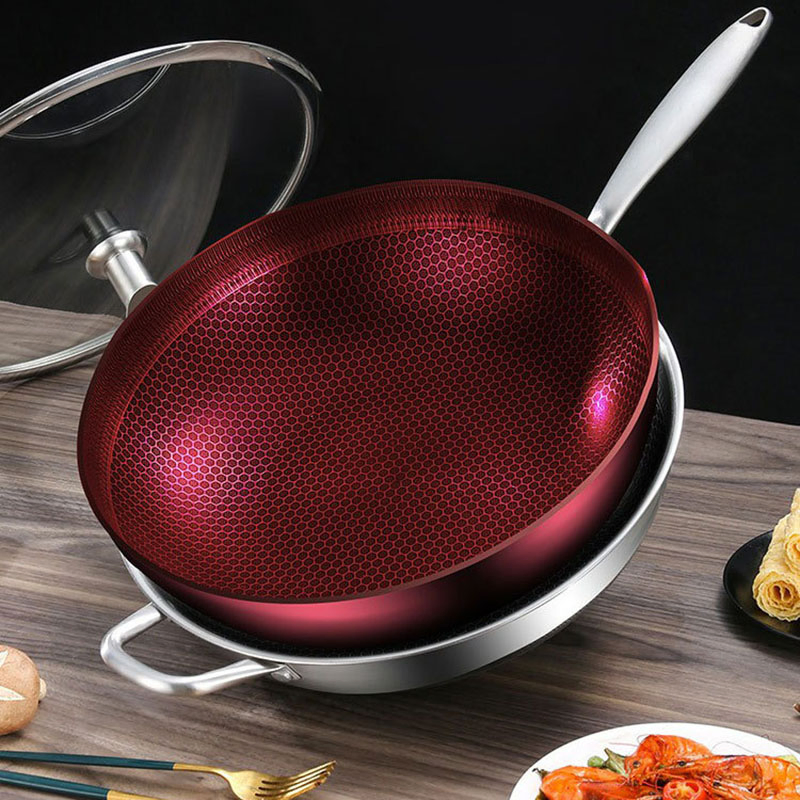 316 Stainless Steel Stir Fry Pan Micro Oil Fume Double-Sided Honeycomb Non Stick Wok for Induction Cooker