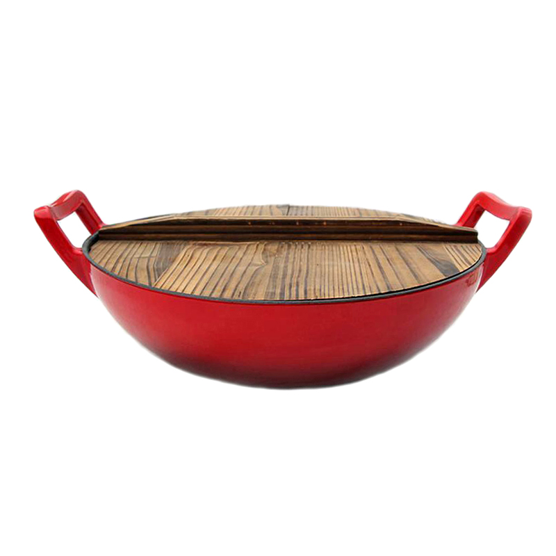 Enamel Cast Iron Wok with Stainless Steel Cover Dia 36cm 31cm