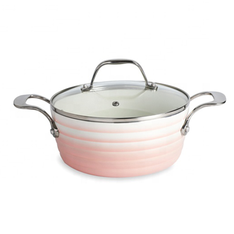Wholesale Gradient Pink Non-Stick Aluminum Cooking Pots and Pans with Stainless Steel Handle