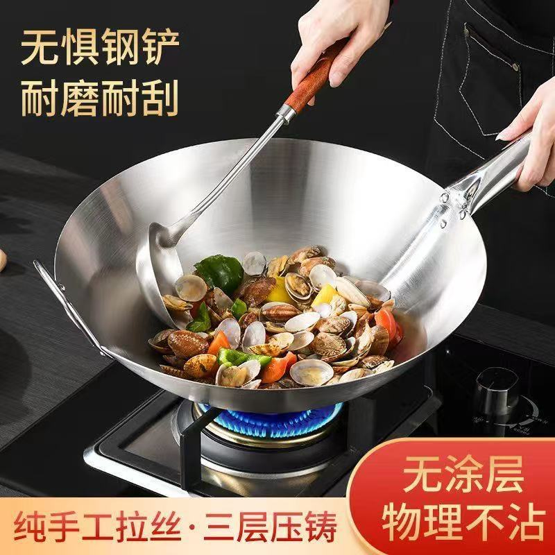 Stainless Steel Wok - Double Handle Round Bottom Pan