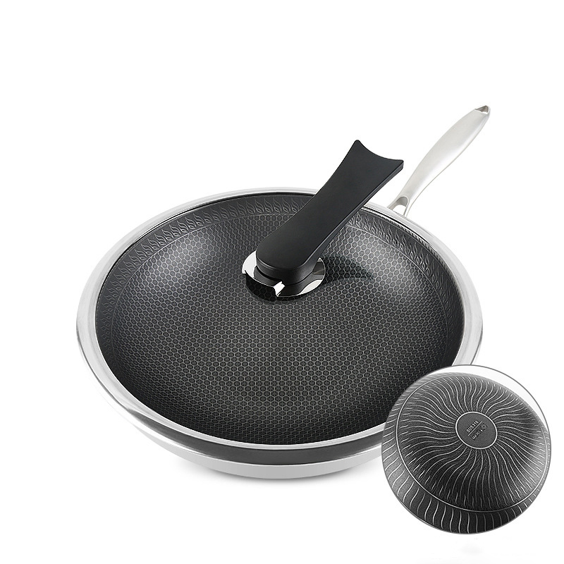 Stainless Steel Honeycomb Nonstick Coating Wok with Glass Lid