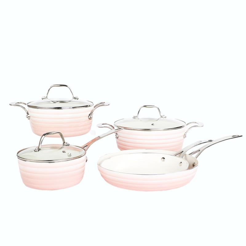 Wholesale Gradient Pink Non-Stick Aluminum Cooking Pots and Pans with Stainless Steel Handle