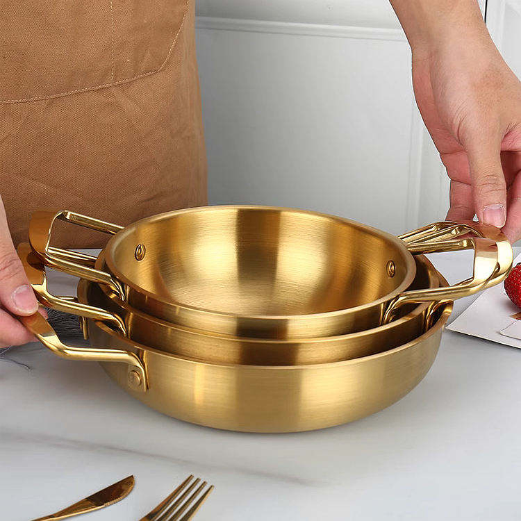 Seadfood Paella Pans Golden Cooking Non Stick Stainless Steel Double Ear Korean Handle Pot Frying Pan
