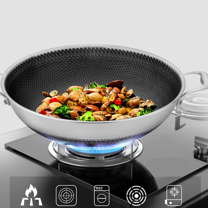 40/42cm Dual Ear Stainless Steel Wok Non Stick Stir Fry Honeycomb Cookware