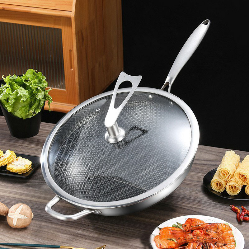 316 Stainless Steel Stir Fry Pan Micro Oil Fume Double-Sided Honeycomb Non Stick Wok for Induction Cooker