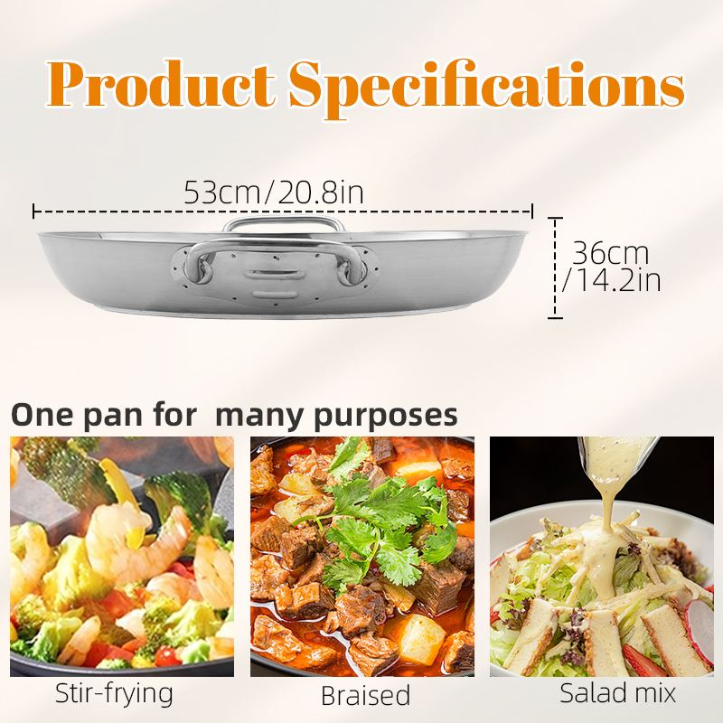 Daosheng Hotel Kitchen Double Ears Composite Bottom Commercial Cookware Sanding Finish Stainless Steel Chef Frying Pan