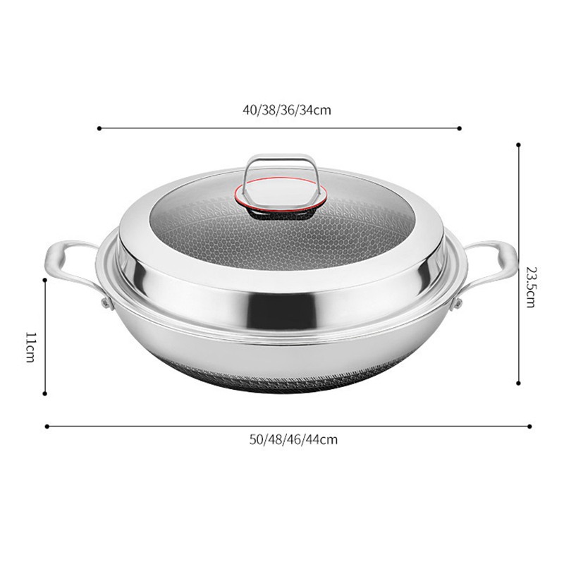 40/42cm Dual Ear Stainless Steel Wok Non Stick Stir Fry Honeycomb Cookware