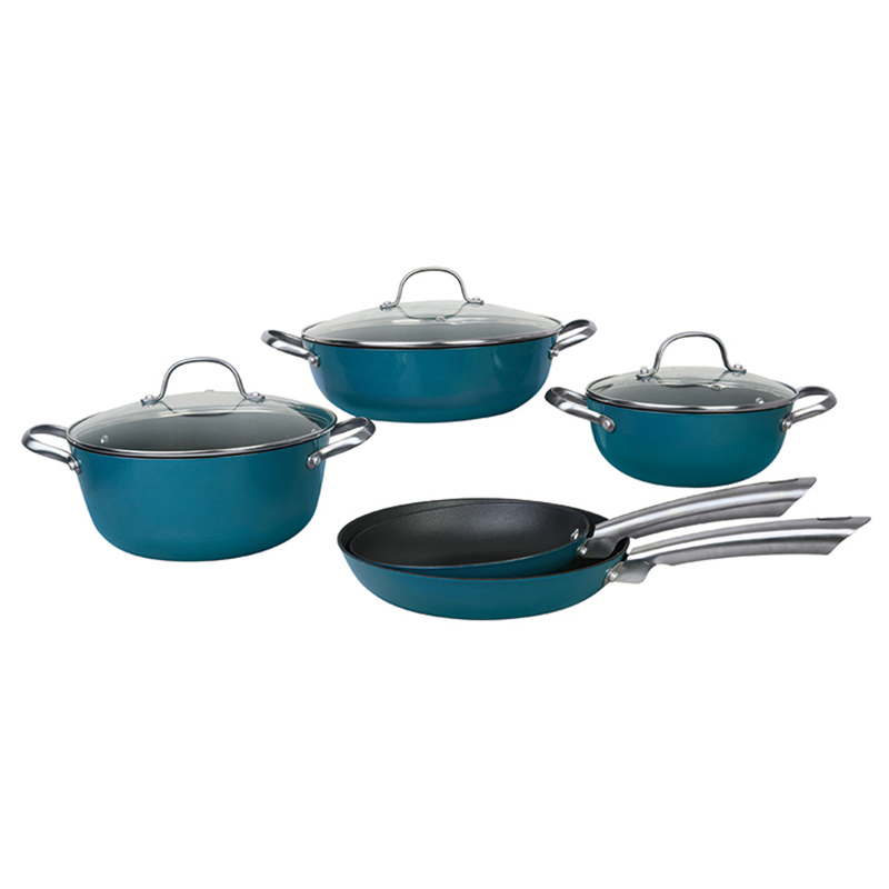 8PCS New Design Home Kitchen Enamel Coated Cast Iron Non Stick Cooking Pots and Pans Lightweight Cast Iron Cookware Set with Glass Lid Stainless Steel Handle