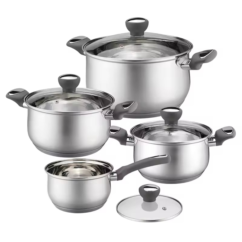 Modern Sustainable Six-Piece Stainless Steel Cookware Set Glass Lids Soup Pot Milk Pot Frying Pan Kettle-Dishwasher Oven Safe Kitchen Pot Set