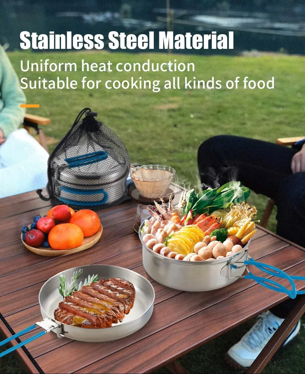 Lightweight 6-PCS Hiking Kitchen Set Stainless Steel Cookware for Two, Bulk Available