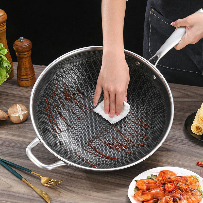 Double Sided Honeycomb Frying Pan Non Stick Stainless Steel Cookware Wok