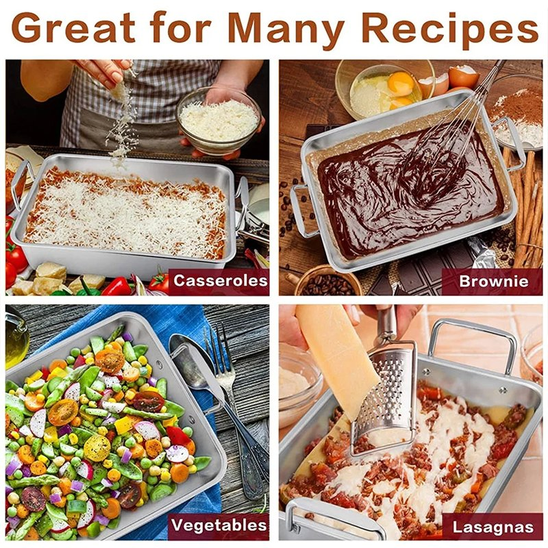 Heavy Duty Roasting Pan with Rack Stainless Steel Square Serving Tray with Ears Turkey Roaster Container