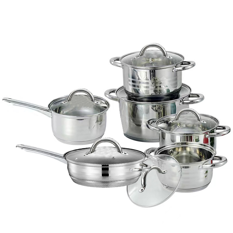 12PCS Induction Bottom Casserole with Whistling Kettle Cooking Pot Set Stainless Steel Cookware Set with Glass Lids