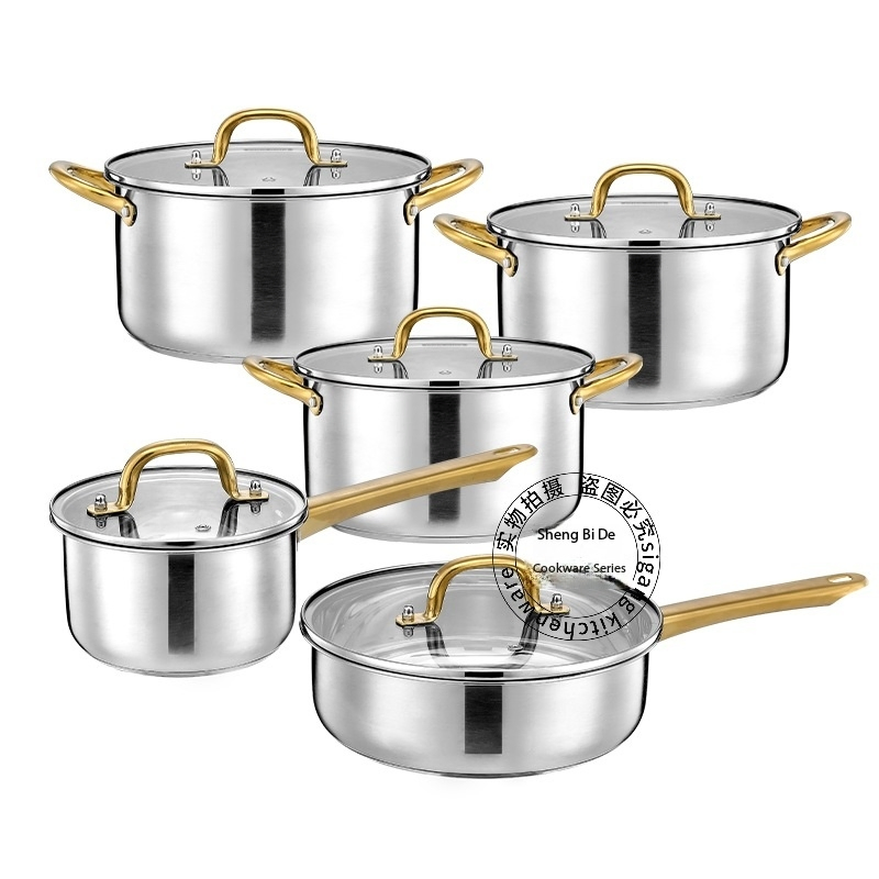 New Stainless Steel Golden Handle Thickened 10-Piece Cookware Set Cooking Pot