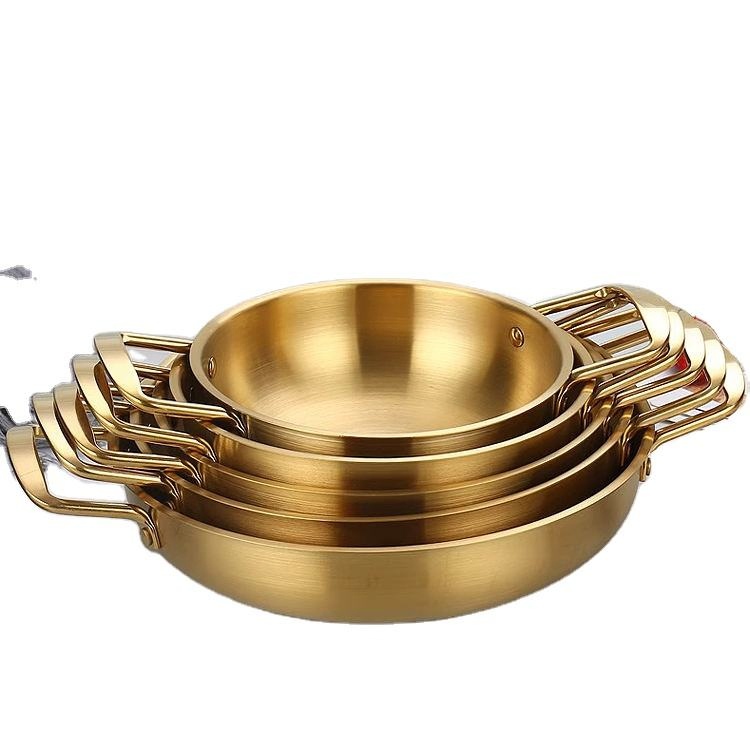 Seadfood Paella Pans Golden Cooking Non Stick Stainless Steel Double Ear Korean Handle Pot Frying Pan