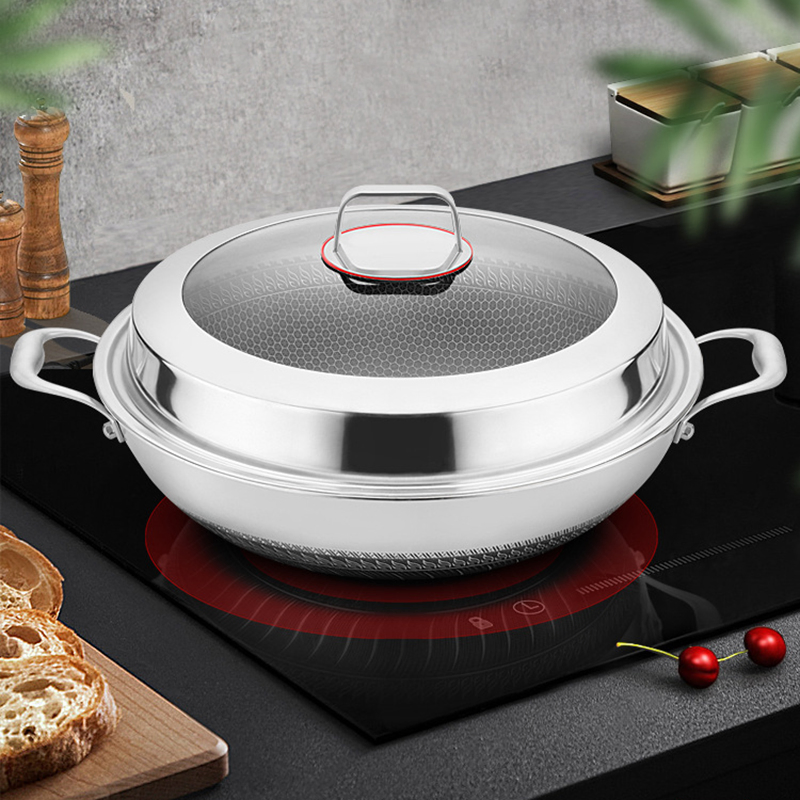 40/42cm Dual Ear Stainless Steel Wok Non Stick Stir Fry Honeycomb Cookware