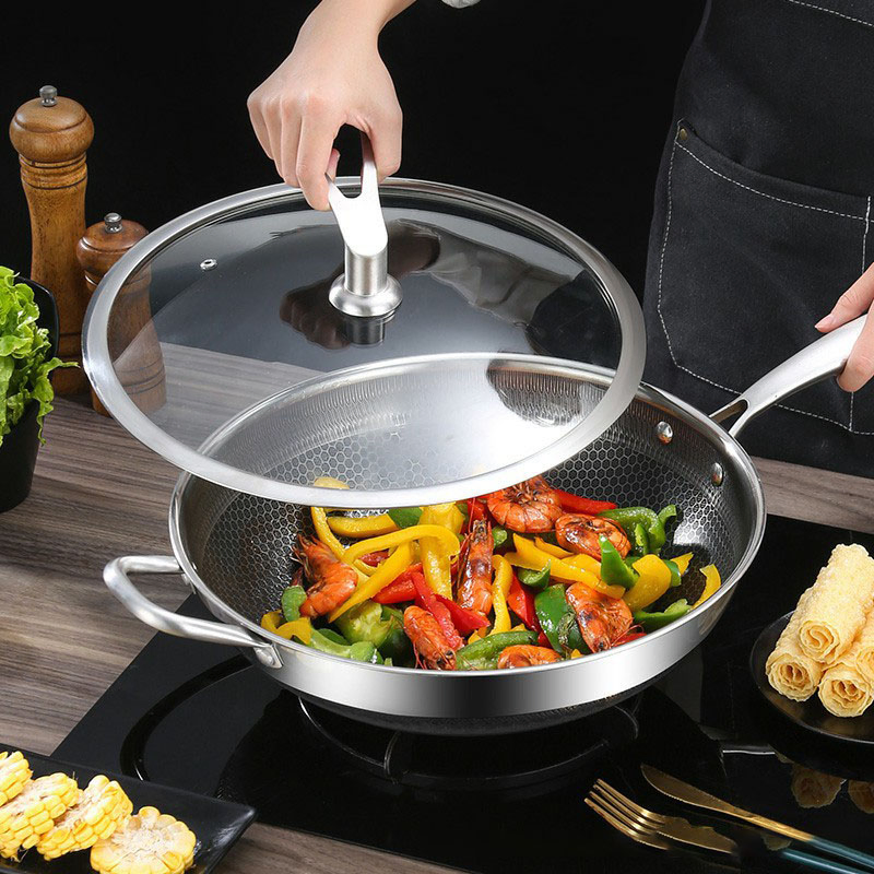 316 Stainless Steel Stir Fry Pan Micro Oil Fume Double-Sided Honeycomb Non Stick Wok for Induction Cooker