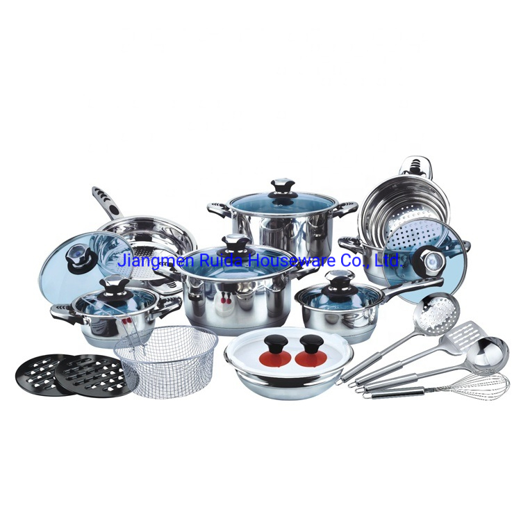25PCS Stainless Steel Wide Edge Cookware Set with Hot Sale Induction Cooking Pots and Pans Set Kitchenware Tools Knife Scissors in Various Size Combination