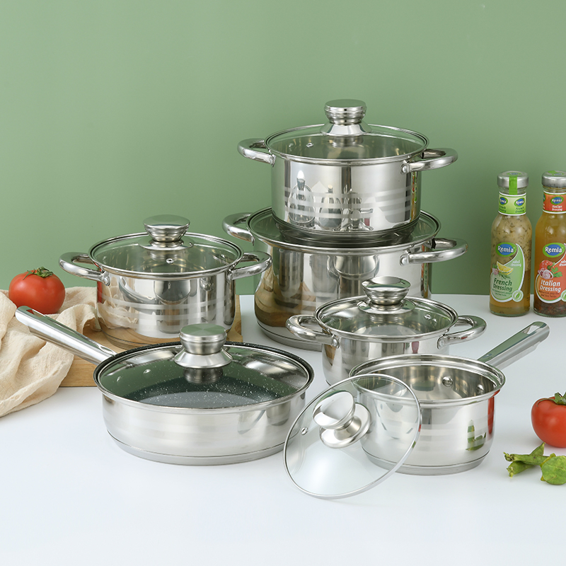 12PCS Induction Bottom Casserole with Whistling Kettle Cooking Pot Set Stainless Steel Cookware Set with Glass Lids