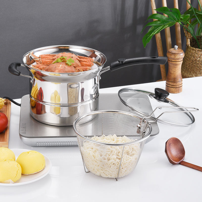 Customized Set Cookware Multi-Function Pot Stainless Steel Steamer Noodle Pot Tempura Fryer with Basket