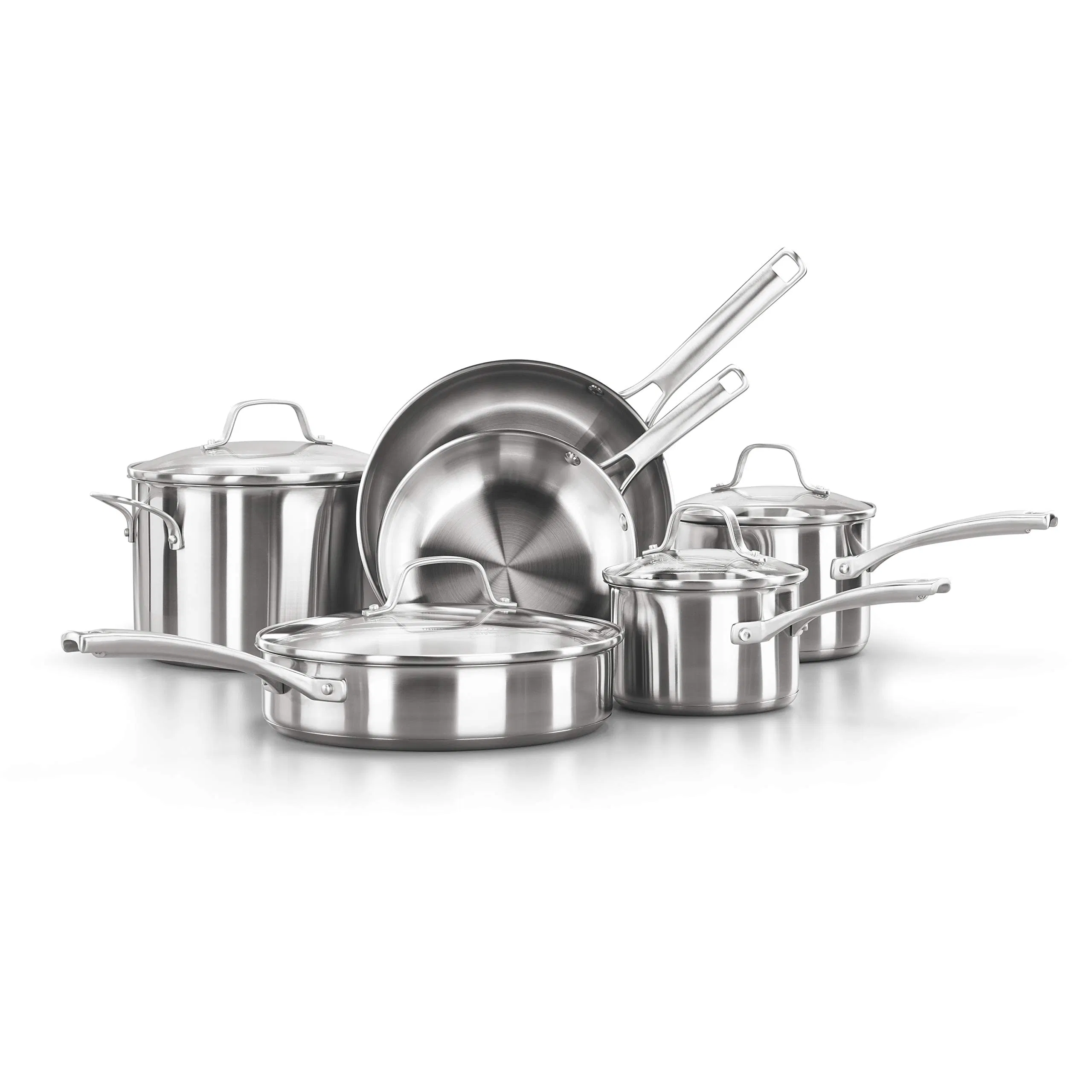 10-Piece Pots and Pans-Set Stainless-Steel Cookware with Stay-Cool Handles and Pour-Spouts Dishwasher-Safe