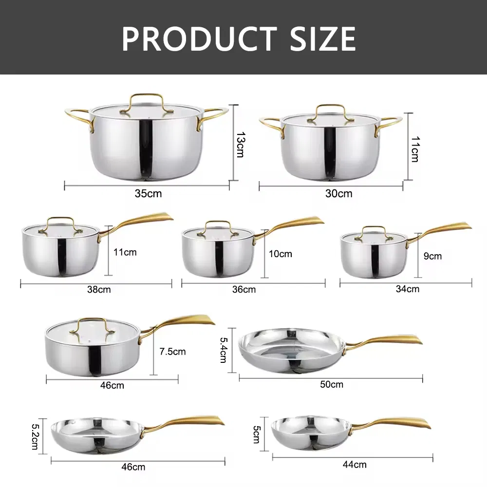 Tianxing Heavy Duty Tri Ply Stainless Steel Cookware Sets Non Stick Gold Handle Cooking Soup &amp; Stock Pots and Pans