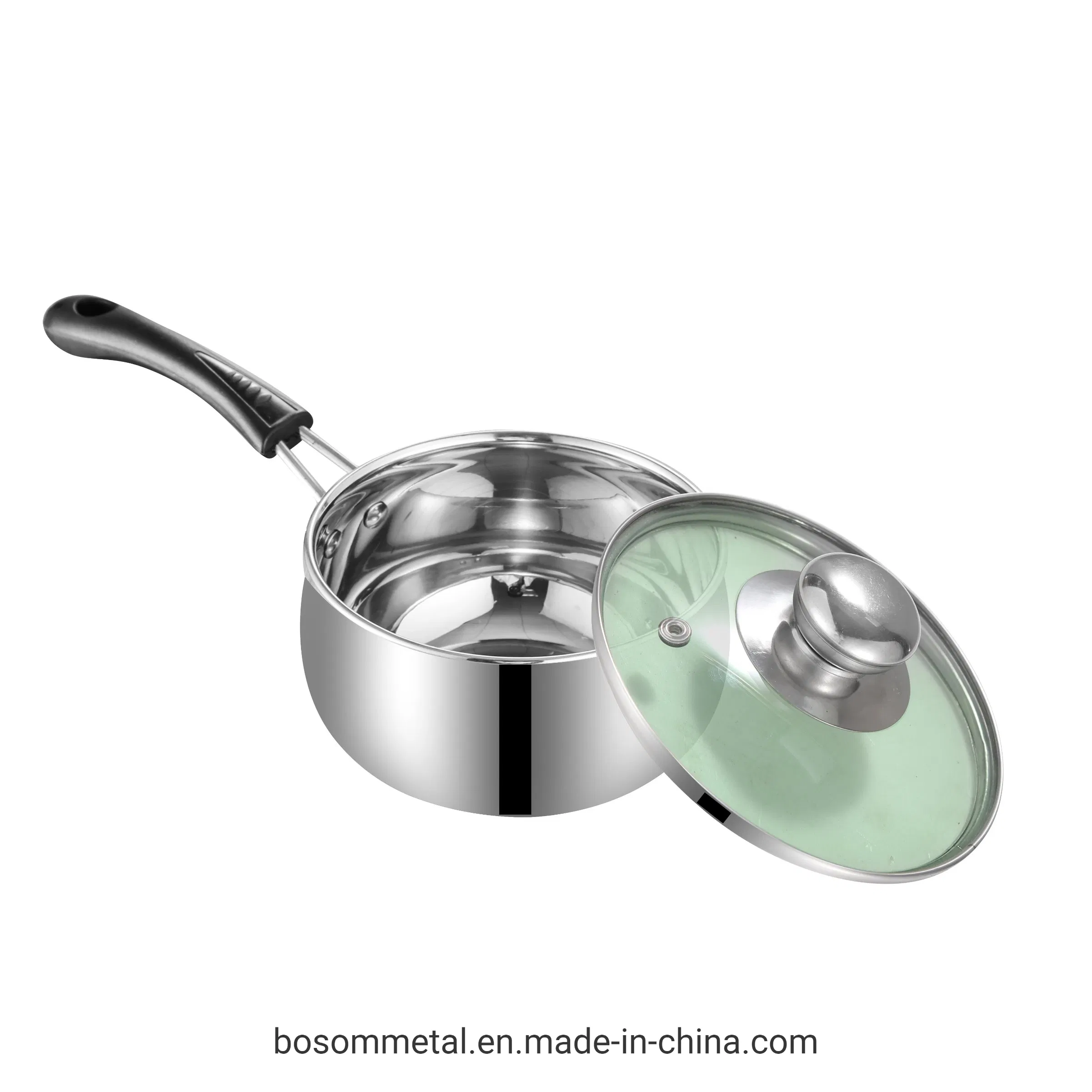 Stainless Steel Milk Boiling Pot Saucepan with Long Bakelite Handle with Green Glass Lid
