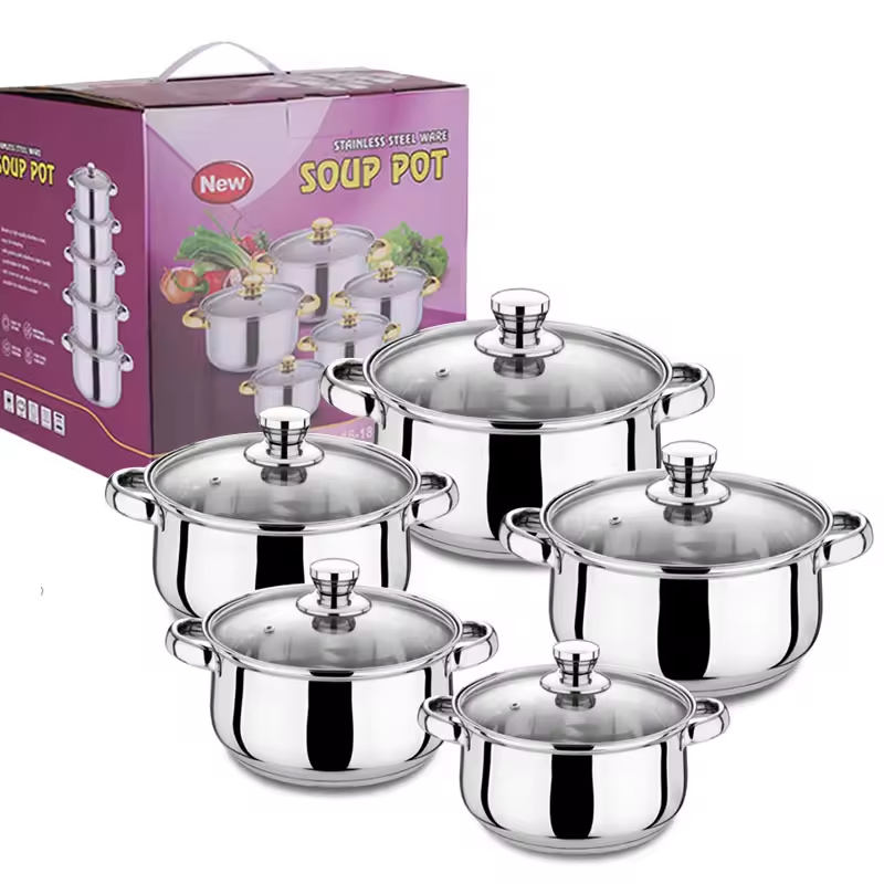 Modern Sustainable Six-Piece Stainless Steel Cookware Set Glass Lids Soup Pot Milk Pot Frying Pan Kettle-Dishwasher Oven Safe Kitchen Pot Set