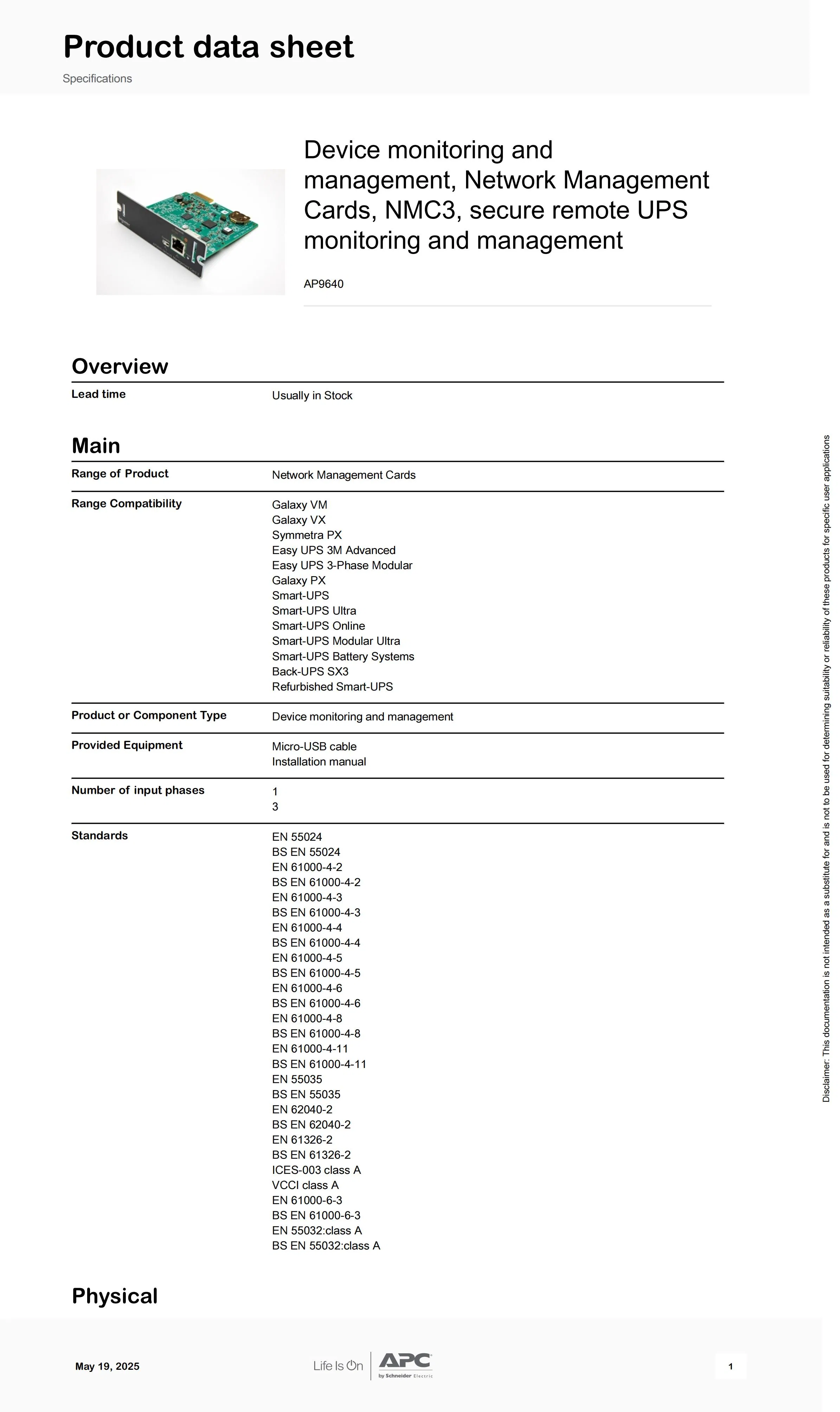 APC Ap9640 UPS Snmp Device Monitoring and Management, Network Management Cards, Nmc3, Secure Remote UPS Monitoring and Management