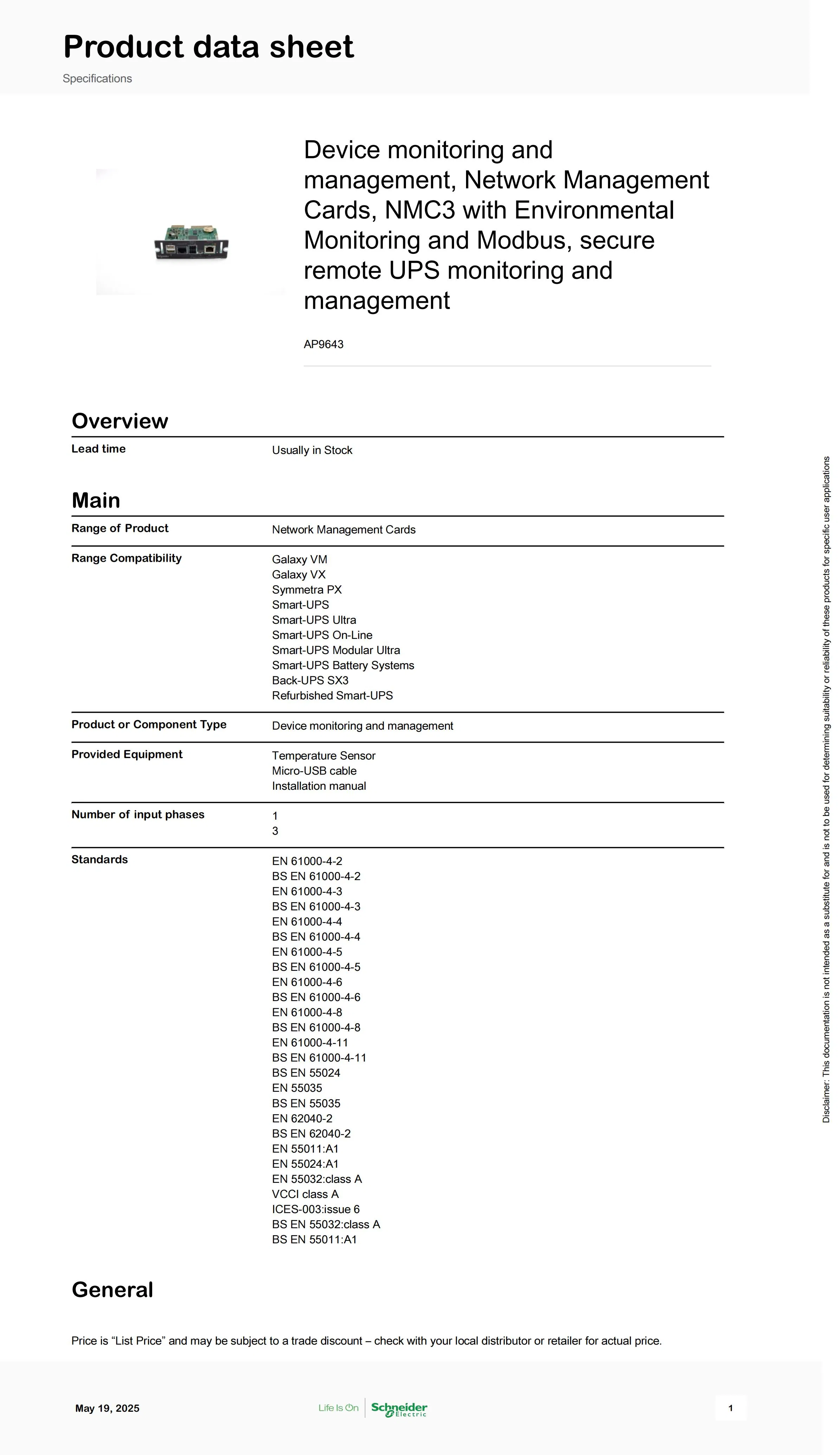 APC Ap9643 Snmp UPS Device Monitoring and Management, Network Management Cards, Nmc3 with Environmental Monitoring and Modbus, Secure Remote UPS Monitoring