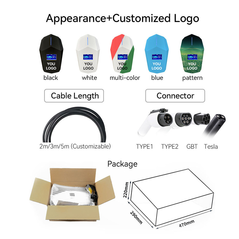 OEM ODM 7kw 11kw 22kw Electric Car EV Charger Type 2 AC Wall Box Home EV Charging Station with 4.3 Inch LCD Display